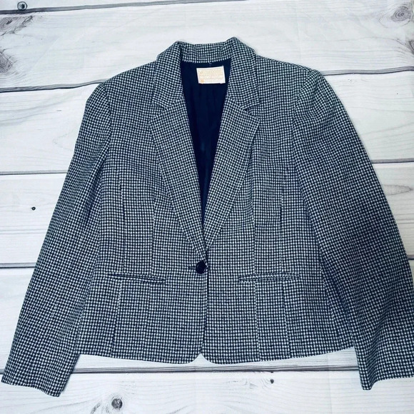 Vintage Pendleton Wool Navy Cream Houndstooth‎ Blazer Size 8 Made in USA - Picture 1 of 7